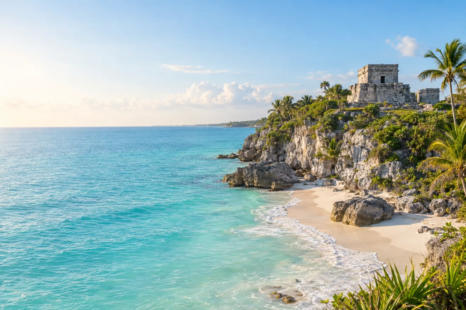 The temple of Tulum on a cliff above the turquoise Caribbean Sea