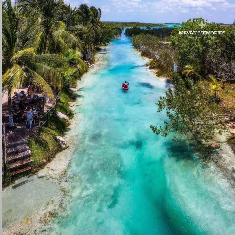 Aerial view of a turquoise channel through the greenery of Bacalar