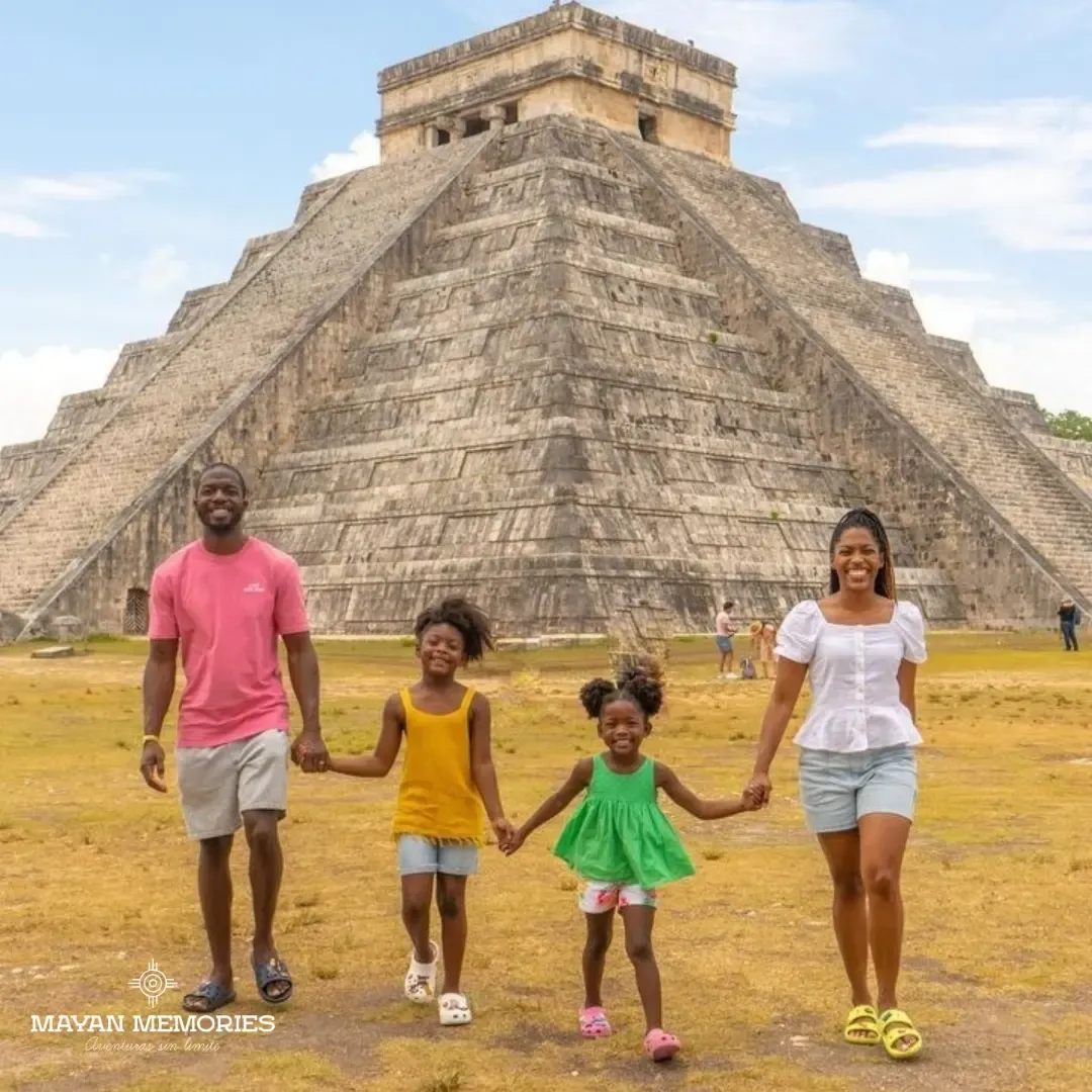 Familia caminando de la mano frente a la pirámide de Chichén Itzá