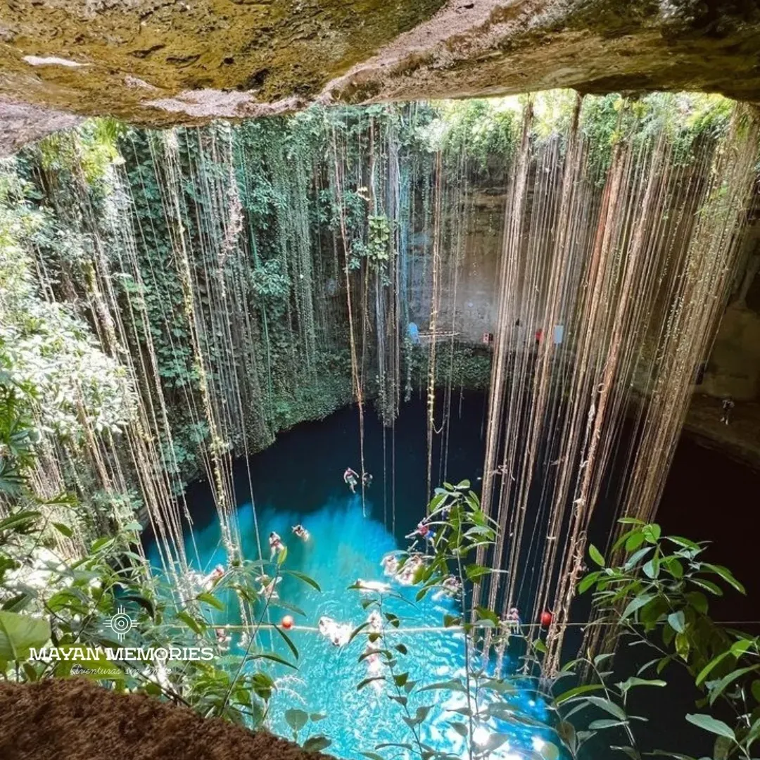 Cenote Ik Kil visto desde arriba con raíces colgantes
