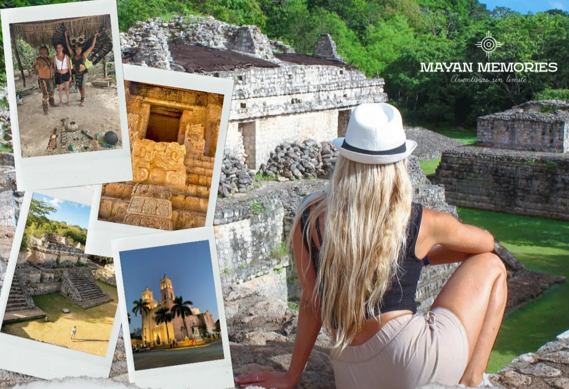 Collage of Ek Balam photos with a visitor in a hat