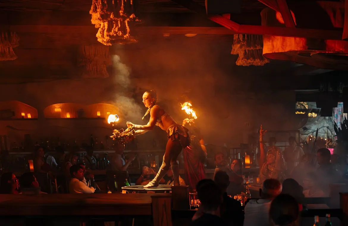 Fire show in the dark Ilios dining room