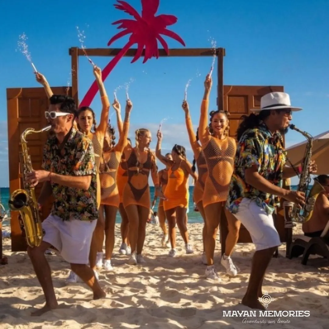 Saxophone players and people dancing on the beach