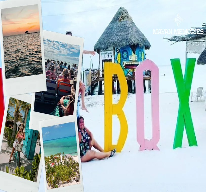 Collage of Holbox photos beside the colorful letters on the beach