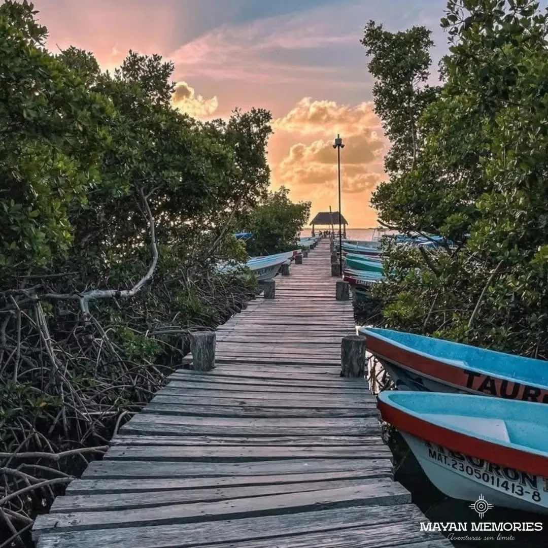 Muelle de madera con lanchas al atardecer