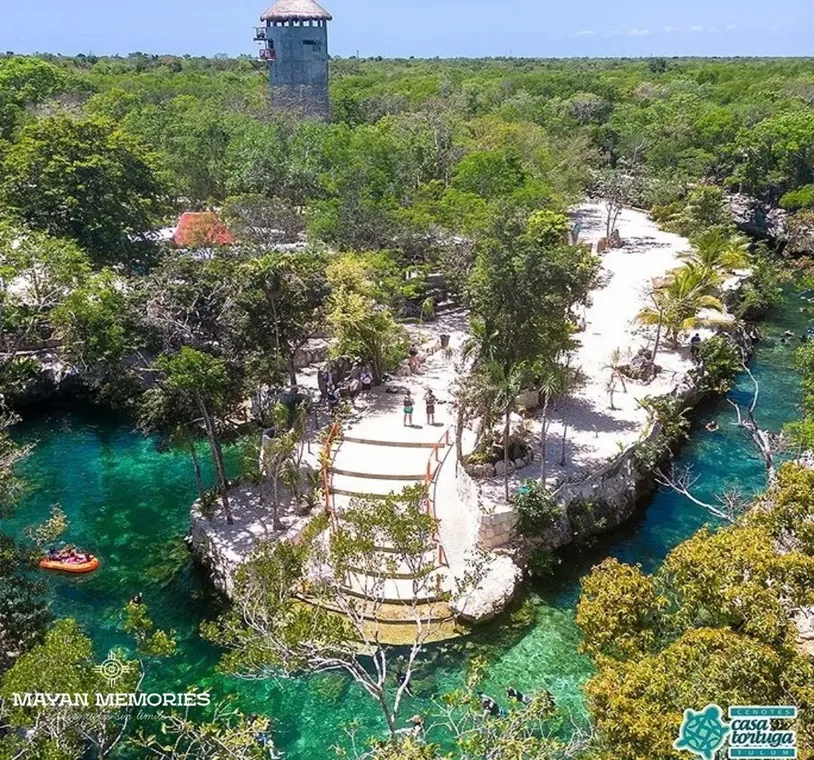 Aerial view of an open turquoise cenote in the jungle