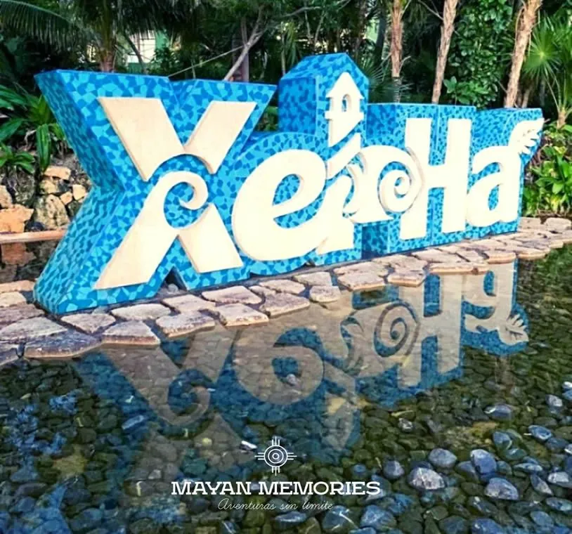 Blue Xel-Há letters at the park entrance