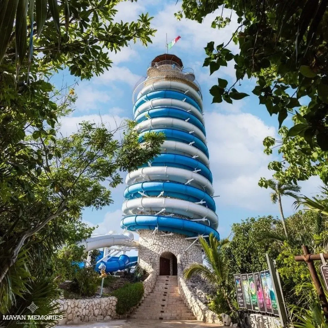 Xel-Há's El Faro lookout seen from below among the jungle