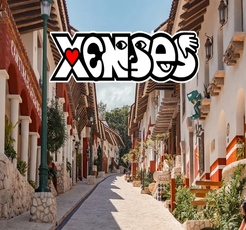 Xenses logo over a colorful village street